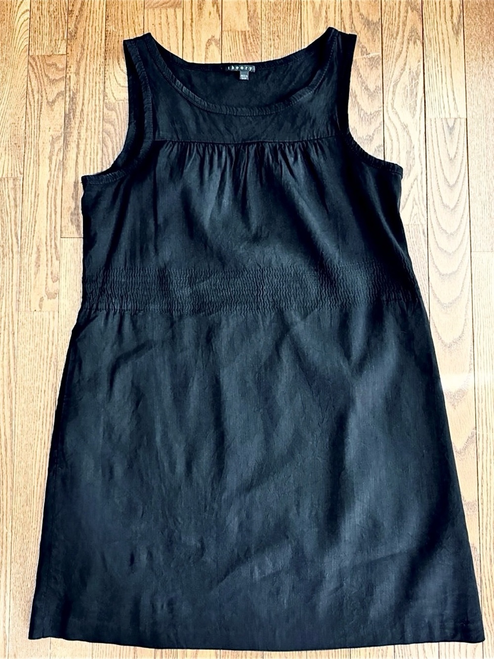 Theory Stretch Linen Smocked Waist Sleeveless Dress Black Size Medium